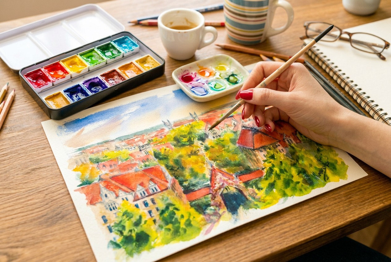 Artlema artists hand-drawing architectural sketches in ink