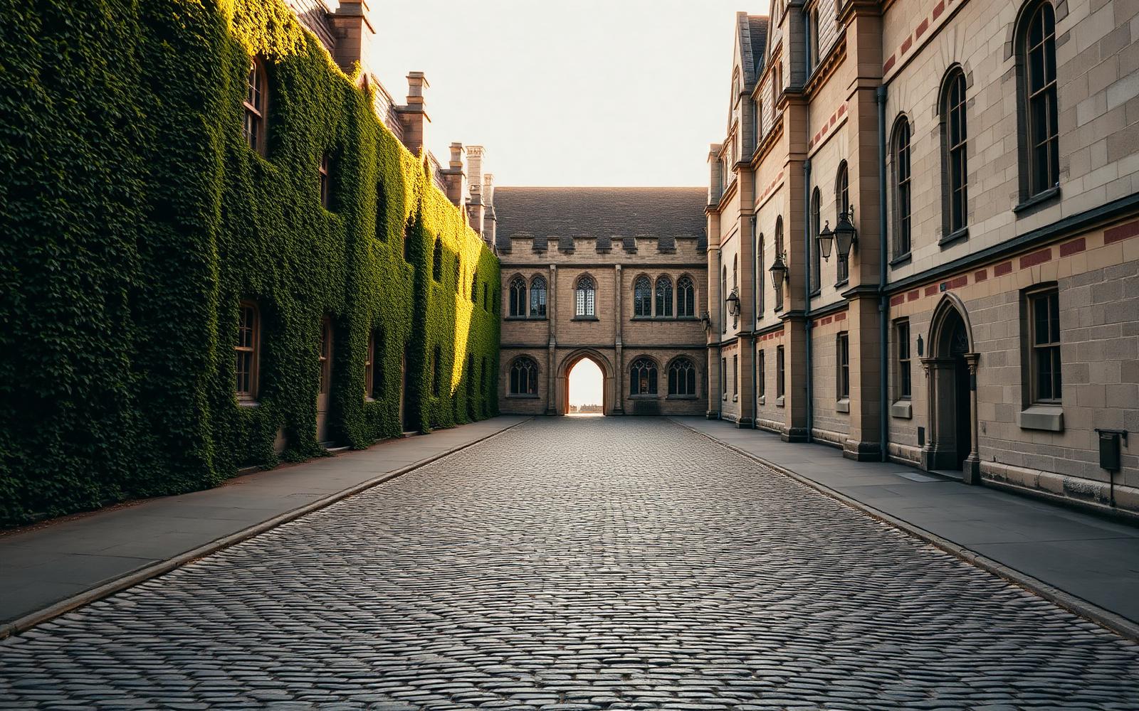 A historic ivy-covered university quadrangle in golden hour light